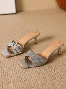 Women's Metallic Rhinestone Stiletto High Heel Mules, New 2025 Pink Slip-On High Heel Sandals