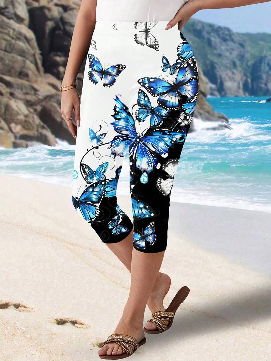 SHEIN LUNE 大尺碼多彩狗爪印花高腰彈性七分褲 - 黑色 - 查看 1