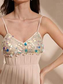 Anewsta 夏季時尚閃亮拼接無肩腰綁帶裙 - 杏色 - 查看 2