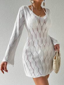 SHEIN Swim Hollow Knitted Beach Cover-Up Dress With Drawstring Back And Flare Sleeves, Solid Color, Vacation Style,Summer Beach