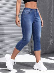 SHEIN EZwear Calça Denim Feminina Skinny 3/4 Simples Para Uso Diário - Lavagem Média - Visão 1