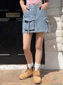 DAZY Women's Casual And Simple Denim Skirt With Pocket Design Jeans Skirt - Blue - View 4