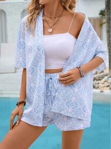 SHEIN VCAY Floral Printed Summer Cardigan & Tie-Front Shorts Casual Vacation Style 2pcs Outfits