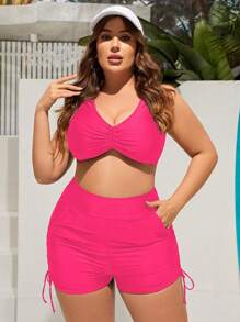 SHEIN Swim Curve Bottom de bikini de talla grande con fruncido, bolsillos, cordón en ambos lados - Rosa Fucsia - Ver 3