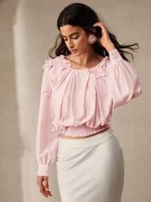 Anewsta Women's Spring/Summer Solid Color Loose Elegant Blouse With 3D Flower Decoration And Batwing Sleeves