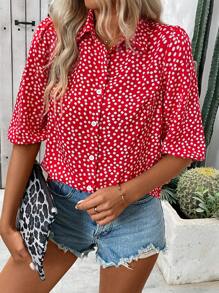 SHEIN LUNE Camisa de manga de linterna de ocio festivo con pequeño estampado floral