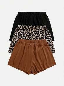 SHEIN VCAY Set de 3 shorts de talla grande para mujer en unicolor y estampado de leopardo - Marrón - Ver 3
