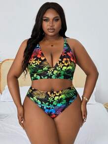 Slaydiva 夏季沙灘大碼女士熱帶植物印花領背心式胸衣和比基尼下擺套裝