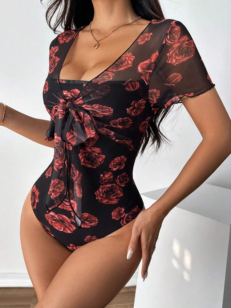 Women's Summer Floral Print Short Sleeve Tie Waist Slim Fit Bodysuit
