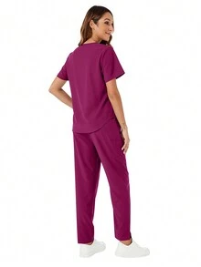 Scrub Uniforms Nurse Set With V-Neck Top & Straight Leg Pants - Red Violet - View 2