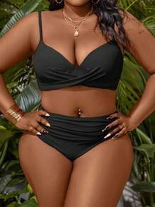 SHEIN Slayr Summer Beach Plus Size Women Solid Color Crossed Sexy Bikini Set For Vacation - Black - View 5