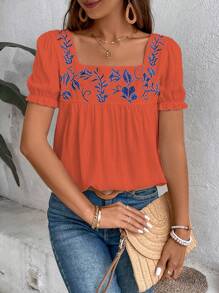 Breezaya Women's Summer Plant Embroidery Square Neck Short Puff Sleeve Loose Blouse - Orange - View 1