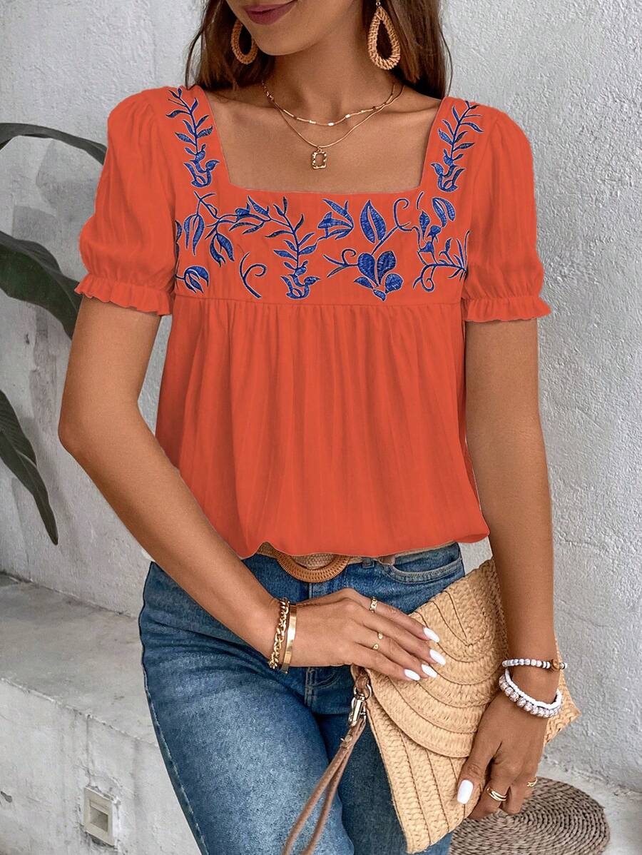 Breezaya Women's Summer Plant Embroidery Square Neck Short Puff Sleeve Loose Blouse - Orange - View 1