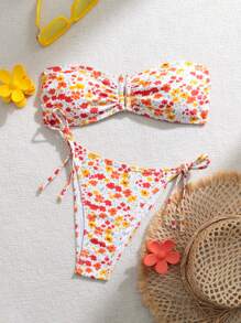 SHEIN Swim 夏季女士花卉印花抹胸比基尼套装，配有三角形泳裤和腰带，适合海滩度假 - 随机印花 - 粉色 - 查看 2