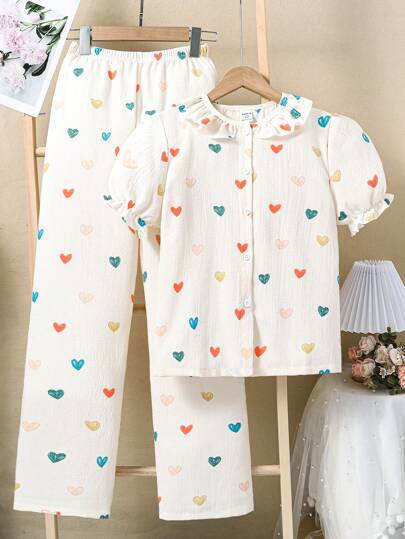 SHEIN Vintaside Kids 杏色簡單五彩心形圖案印花鬆身短袖長褲女童休閒套裝