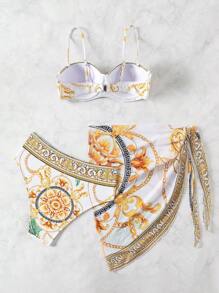 SHEIN Swim 女士夏季沙滩链印花比基尼套装和裹身裙度假三件套比基尼套装女士夏季泳衣套装 - 白色 - 查看 2