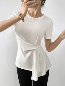 Mulvari T-shirt décontracté pour femme d'été col rond à manches courtes avec lien à la taille couleur unie - Blanc - Voir 6