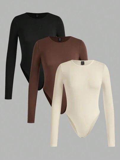 SHEIN EZwear 3 件套休闲纯色女士圆领长袖紧身衣，适合夏季