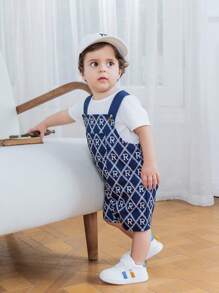 SHEIN Cute Baby Boy/Girl College Style Navy Blue Summer T-Shirt & Jumpsuit Set,Letter Pattern For Family Matching,Birthday Party,Wedding,Baptism Outfit - Multicolor - View 3