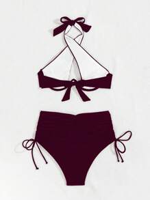 Swim Basics 2025 女士纯色交叉镂空吊带性感比基尼套装带钢圈支撑夏季 - 酒紅色 - 查看 5