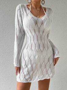 SHEIN Swim Hollow Knitted Beach Cover-Up Dress With Drawstring Back And Flare Sleeves, Solid Color, Vacation Style,Summer Beach
