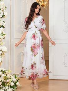 Loomaby Maternity Elegant Rose Floral Print V-Neck Wrap Short Sleeve Dress, Loose Fit For Pregnant Women - Red and White - View 3
