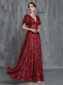 Vestido de fiesta para mujer con escote pronunciado en V, manga de mariposa y lentejuelas - Burdeos - Ver 4