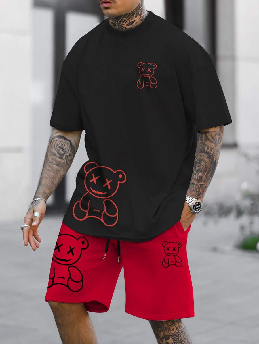 Manfinity Homme Bộ áo thun ngắn tay cổ tròn in hình gấu mùa hè cho nam và quần short thắt lưng có dây rút - Nhiều màu - Xem 1