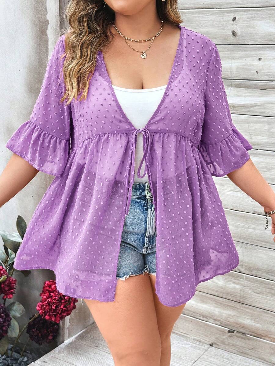 SHEIN LUNE Luźne kimono damskie plus size z rozszerzanymi rękawami i wiązaniem w talii na lato - Wrzosowy - Zobacz 1