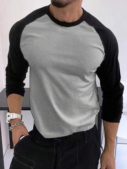 EURMUSE Men Color Block Raglan Sleeve Tee
