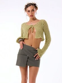 MUSERA Solid Knitted Tie Front Crop Cardigan - Yellow - View 3