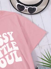 简约清新百搭少女粉色圆领T恤，英文短语印花短袖，适合校园活动休闲，春夏 - 粉色 - 查看 4