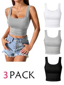 GlowEve Women's Solid Color Side Ruched Sleeveless Top 3-Piece Set For Summer - Multicolor - View 3