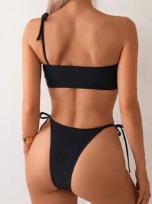 SHEIN Swim 女士纯色单肩比基尼套装，配有性感肩带，适合夏季海滩度假 - 黑色 - 查看 2
