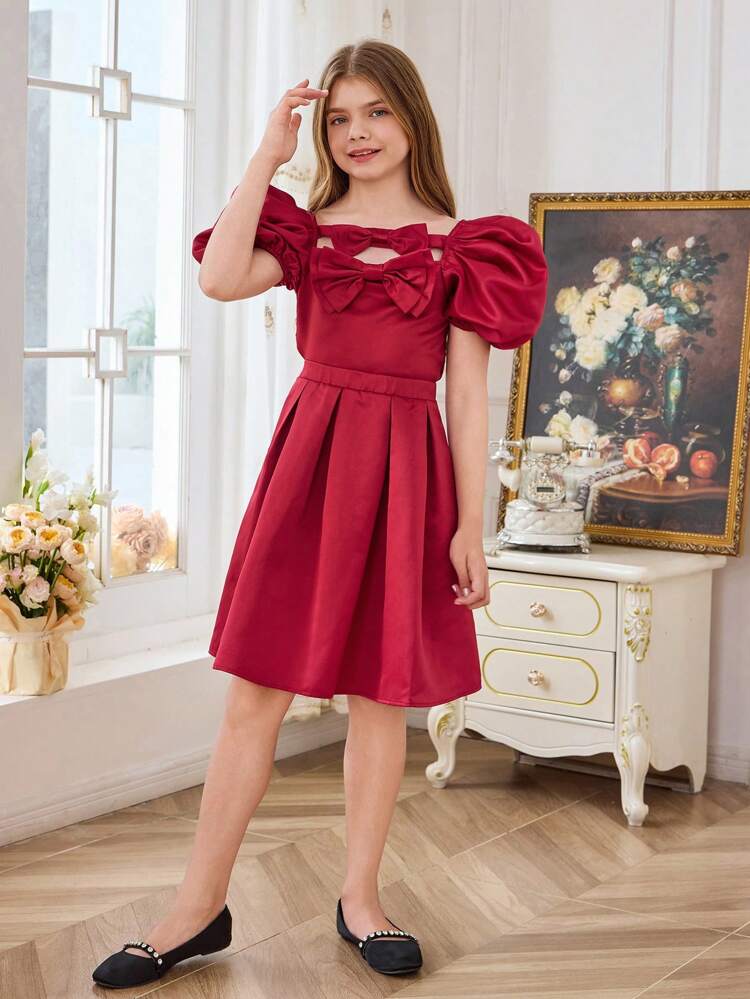 Tween Girl Casual Square Neck Puff Sleeve Shirt And Skirt Set With Bow Decor