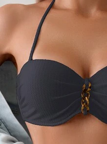 SHEIN Swim 女性夏季海灘時尚簡約露背頸鏈裝飾比基尼游泳裝套裝 - 黑色 - 查看 5