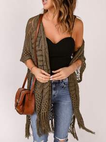 Acelitt Fringe Hem Hollow Out Kimono Summer - Brown - View 2
