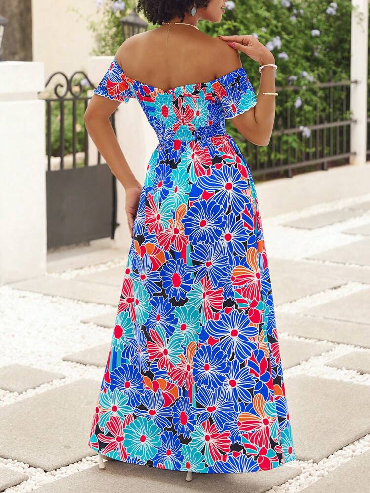 Women Fashionable Summer Holiday Style Off Shoulder Printed Dress