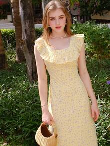 V-Neck Floral Printed Ruffle Hem Elegant Summer Dress - Yellow - View 3