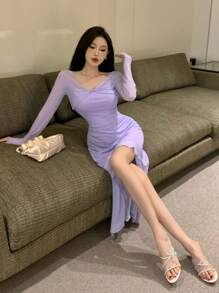 DAZY 女士简约日常网纱拼接连衣裙 舞会礼服 优雅女装 - 淡紫色 - 查看 4