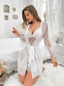 Set de halat și camisole sexy minimalist din dantelă sexy, cu detaliu alb