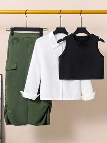 Sparklyn Tween Girl White Shirt, Black Vest And Utility Skirt 3-Piece Comfortable Outfit Set Fall Winter - White - View 1