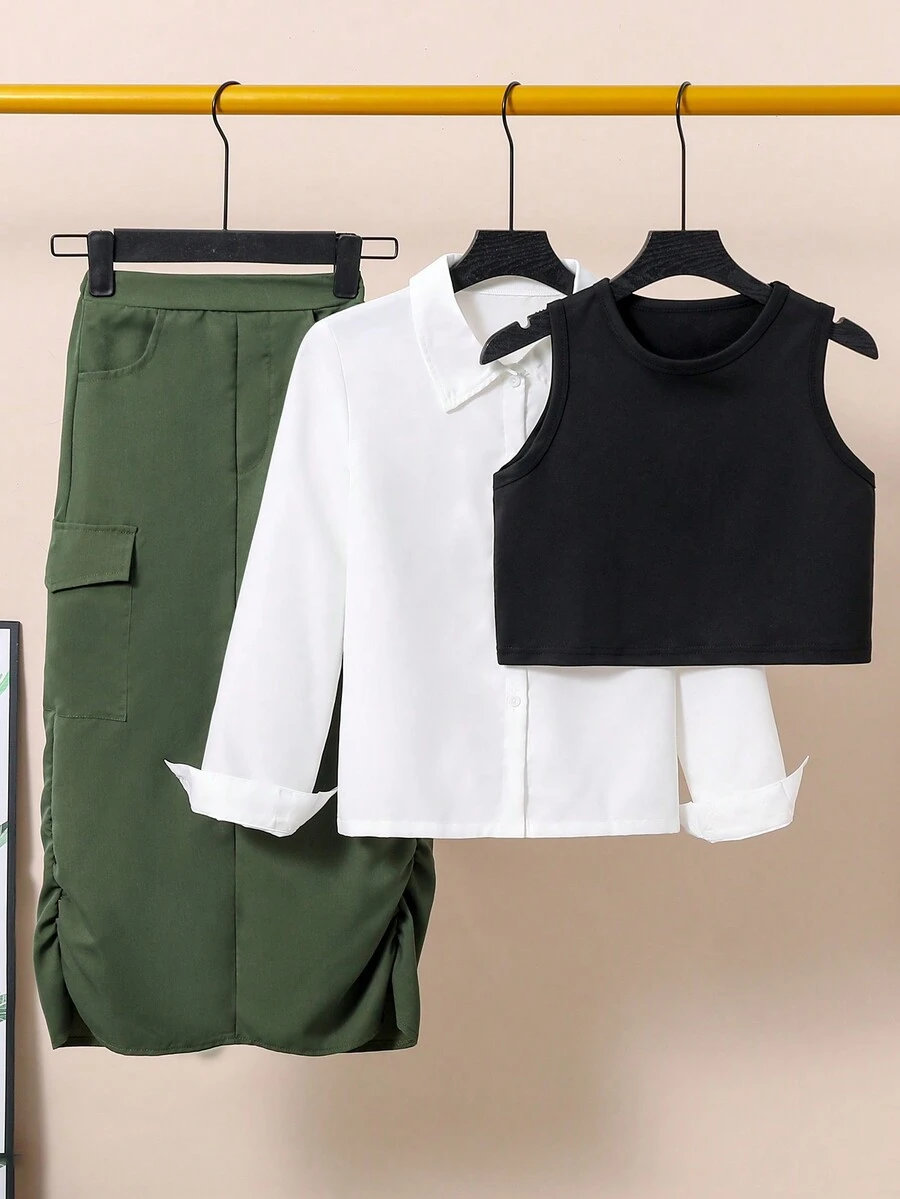 Sparklyn Tween Girl White Shirt, Black Vest And Utility Skirt 3-Piece Comfortable Outfit Set Fall Winter - White - View 1