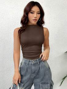 StreetHx Women's Summer Solid Color Halter Slim Fit Bodysuit With Pleats - Coffee Brown - View 6