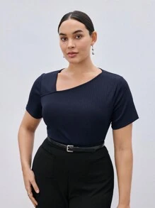 BizChic Áo thun nữ tay ngắn sọc xanh cổ chữ V có cỡ Plus, áo thun thường ngày mùa hè - Màu xanh hải quân - Xem 6