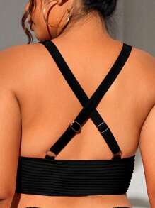 Swim Lushoire Plus Size Women's Summer Beach Holiday Solid Color V-Neck Sexy Bikini Top - Black - View 2