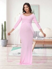 JustVH Robe longue de maternité à manches longues en maille, convenant pour les séances photo de bébé et les fêtes de baby shower, rose printemps - Rose bonbon - Voir 6