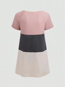 SHEIN LUNE Women's Summer V-Neck Multi-Color Patchwork Batwing Sleeve T-Shirt - Apricot - View 2