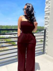 Women Solid Color Camisole Jumpsuit, Casual Vacation Style