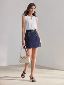 MOTF PREMIUM FALDA DORADA SÓLIDA CON DETALLES DE BOTONES, TUBERÍA CONTRASTANTE Y CINTURA AJUSTADA - Azul - Ver 3